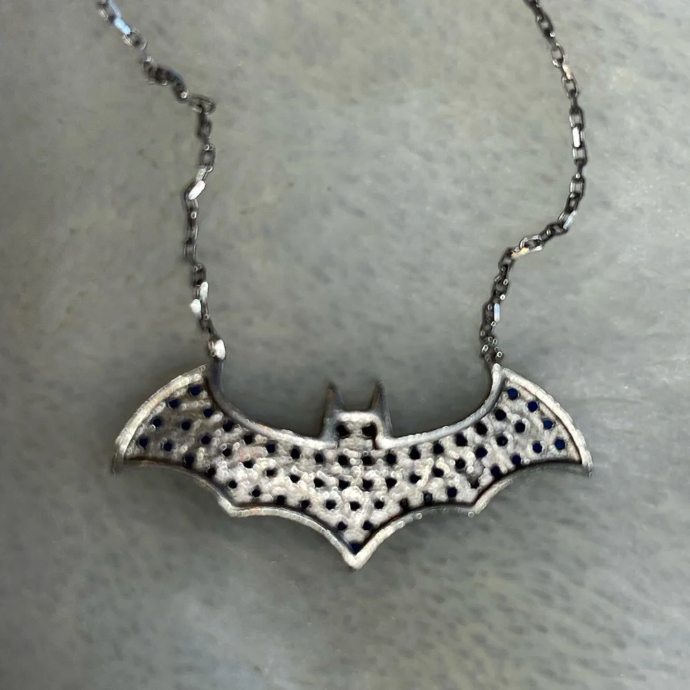 Halloween Deep Blue Sapphire & Sterling Bat Adjustable Necklace with Onyx Eyes - Picture 7 of 8